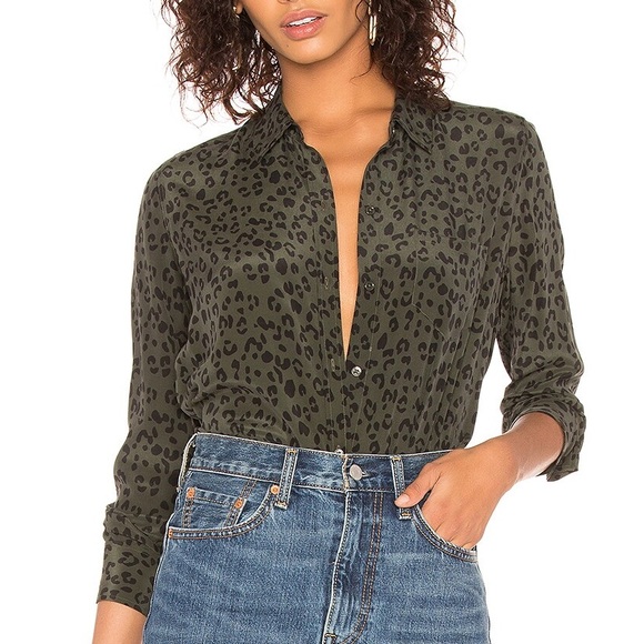 NWT Rails Kate Silk Button Down Blouse in Olive Cheetah - Picture 1 of 2